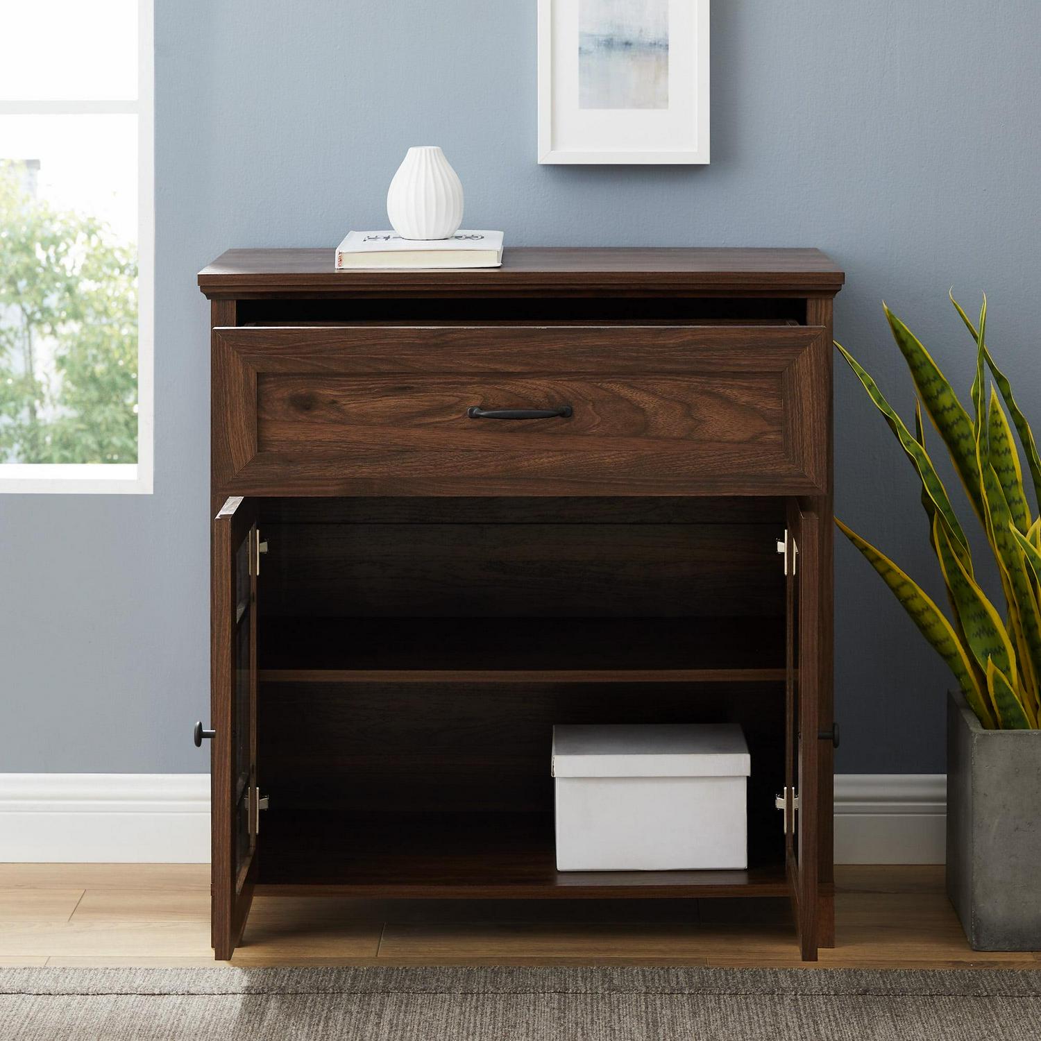 Walker Edison Transitional Glass Door Accent Cabinet, Dark Walnut - Image 3