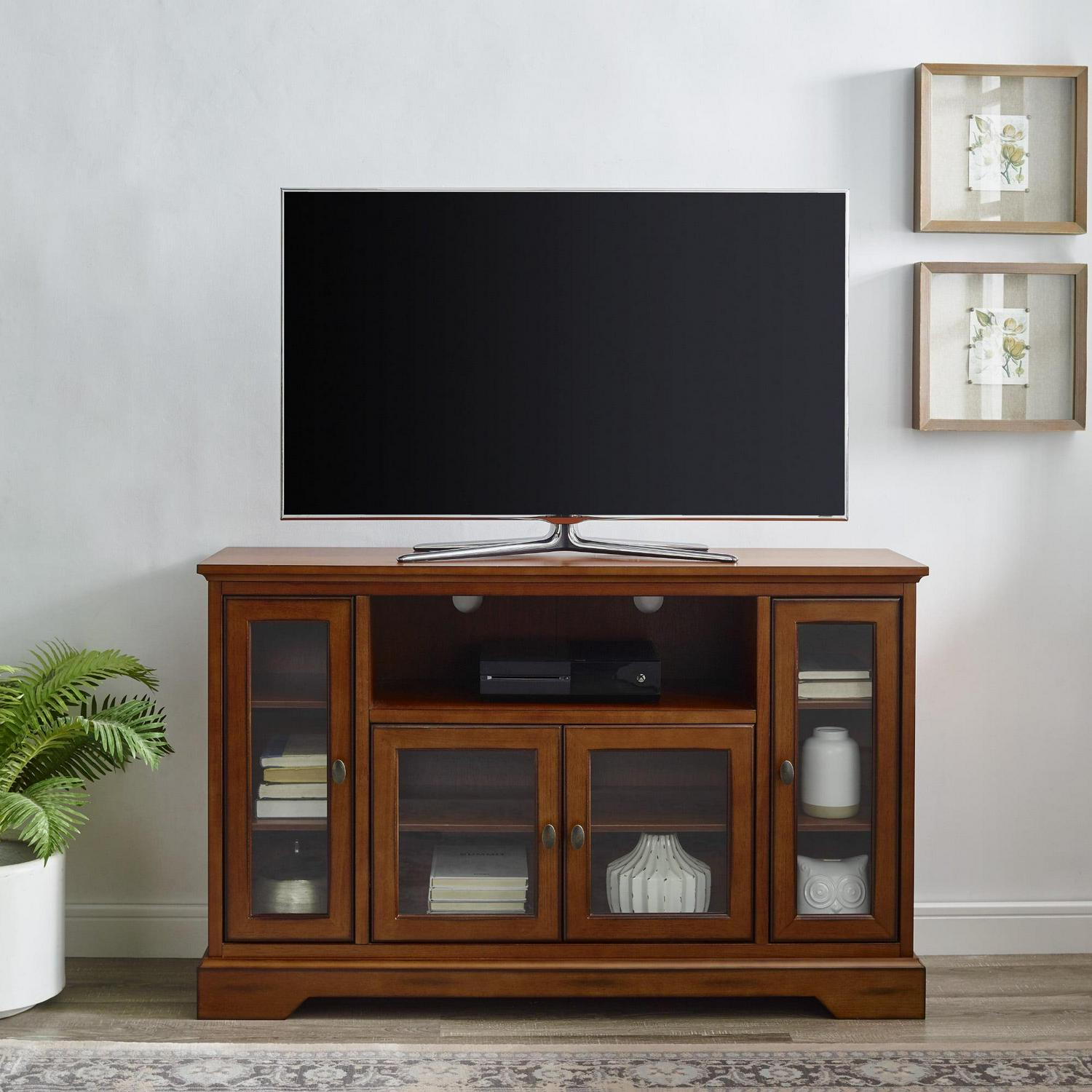 Walker Edison Transitional Highboy Glass Door Wood TV Stand, Rustic Brown - Image 6