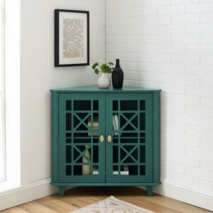 Walker Edison Transitional Fretwork Doors Corner Accent Cabinet, Dark Teal