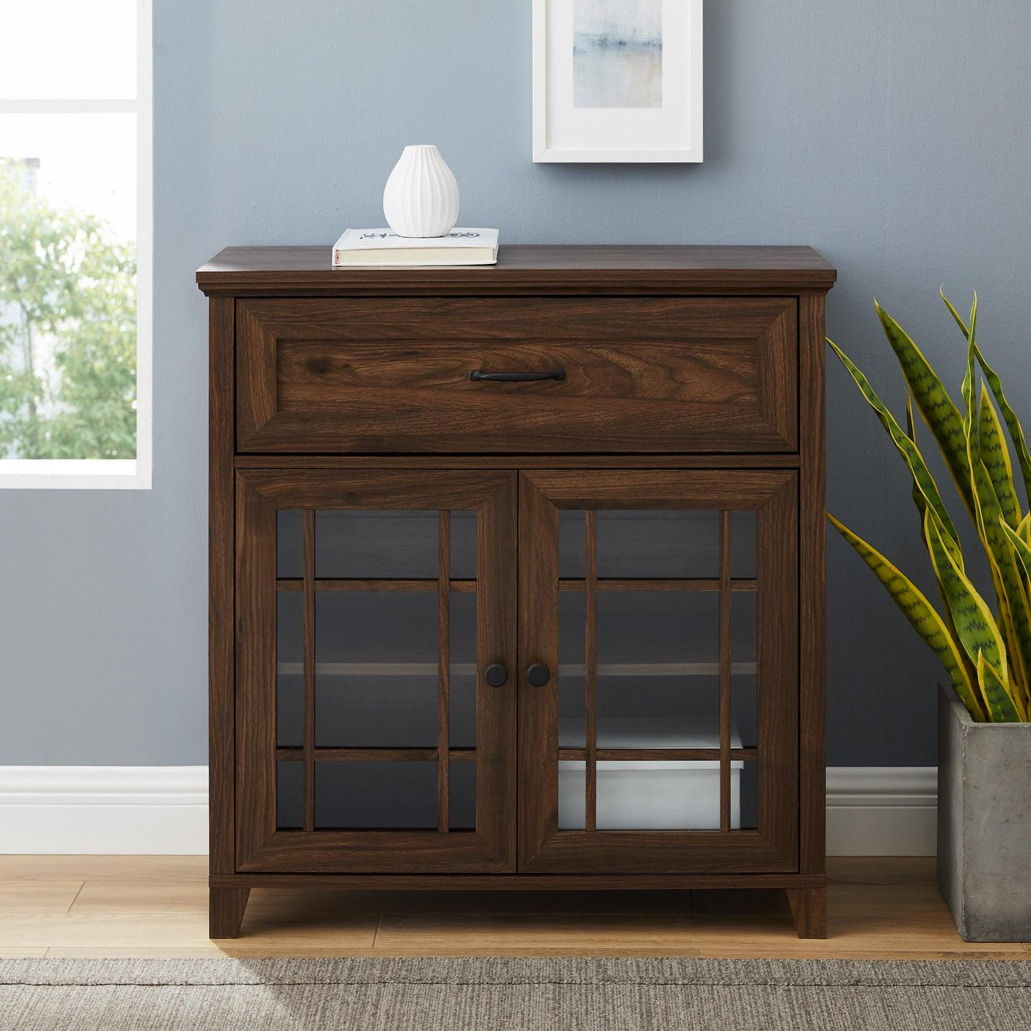 Walker Edison Transitional Glass Door Accent Cabinet, Dark Walnut - Image 2