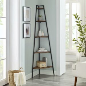 Walker Edison Urban 72" Metal and Wood 5-Shelf Corner Bookshelf, Rustic Oak