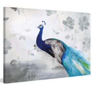 Marmont Hill "Peacock Fable Cool" by Christine Lindstrom Painting Print on Wrapped Canvas