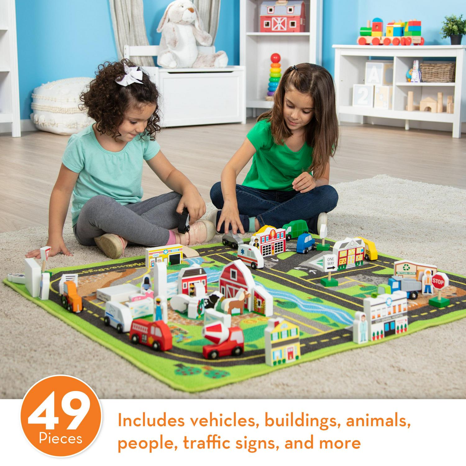 Melissa & Doug Deluxe Activity Road Rug Play Set with 49 Wooden Vehicles and Play Pieces - Image 2