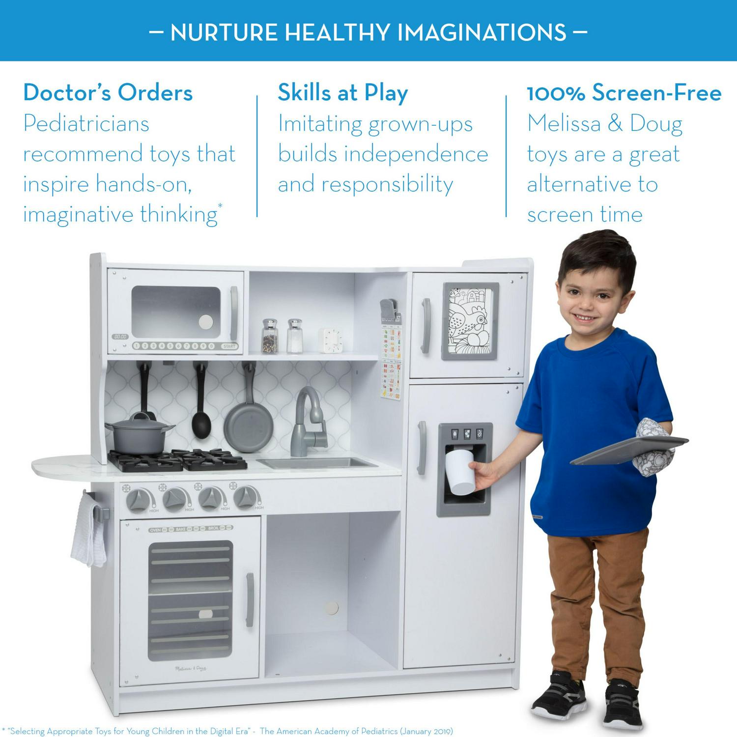 Melissa & Doug Wooden Chef’s Pretend Play Toy Kitchen With “Ice” Cube Dispenser – Cloud White - FSC Certified - Image 8