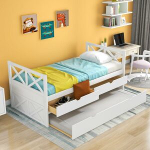 Euroco Modern Solid Wood Race Car Shaped Platform Bed, Twin Bed with Wheels and Shelf Design, Red