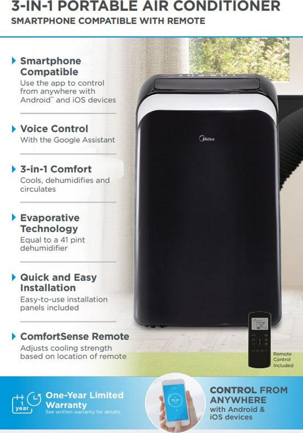 Midea 10,000 BTU (13,500 BTU ASHRAE) 115V Smart Portable Air Conditioner with Remote, Covers up to 450 Sq. ft., MAP10S1WBL, Black, New - Image 8