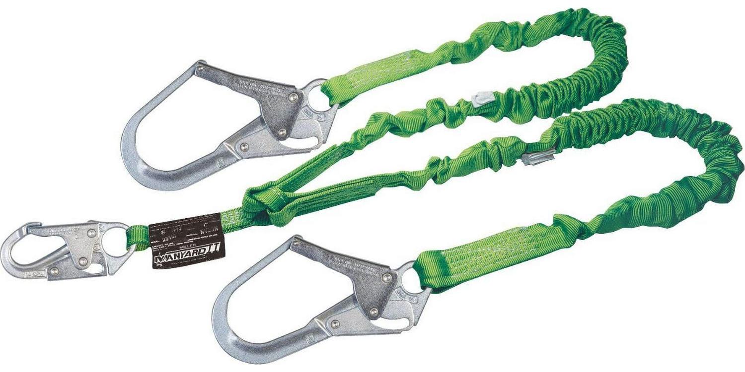 Miller by Honeywell 231M-Z7/6FTGN 6' Manyard II Polyester Web Twin-Leg Shock-Absorbing Lanyard With (1) 3/4'' Locking Snap Hook And (2) 2 1/2'' Locking Rebar Hooks