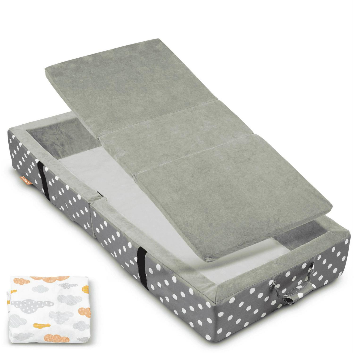 Milliard Portable Toddler Travel Bed Nap Mat + Washable Fitted Sheet, Great for Travel Camping Trips and Sleepovers - Light Grey