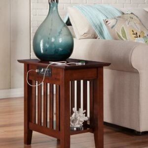 AFI Mission Solid Wood Side Table with Built-in Charging Station, Walnut