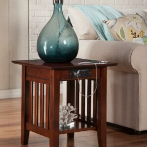 AFI Mission Solid Wood End Table with Built-In Charging Station, Walnut