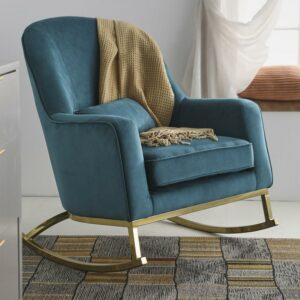 MoDRN Glam Velvet Rocking Chair with Lumbar Pillow, Teal/Satin Brass
