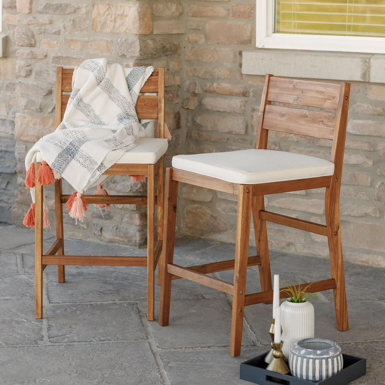 Walker Edison Modern Acacia Wood Patio Counter Stools, Set of 2, Dark Brown - Image 2