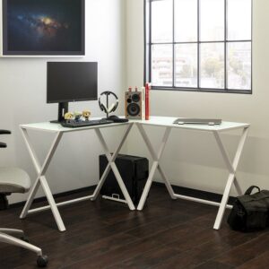 Walker Edison and Metal X-Framed White L-Shaped Corner Computer Desk