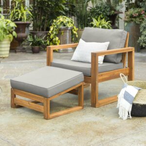 Walker Edison Modern Patio Chair Lounger and Ottoman - Brown