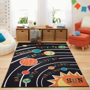Mohawk Home Aurora (Kids) Solar System Black Printed Area Rug, 7'6"x10', Black & Orange
