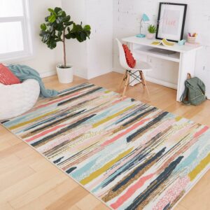 Mohawk Home Prismatic Brushed Stripe Multi Contemporary Theme Kids Precision Printed Area Rug, 5'x8', Cream & Brown