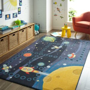 Mohawk Home Prismatic Space Rocket Multi Transitional Theme Kids Precision Printed Area Rug, 5'x8', Navy & Yellow