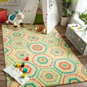 Mohawk Home Prismatic Southwest Geo Multi Contemporary Geometric Kids Precision Printed Area Rug, 5'x8', Tan & Teal