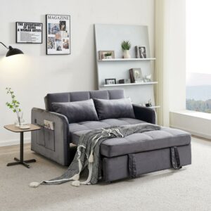 DEALTOPS 55.5" Pull Out Loveseats Sleeper Sofa Bed with USB Ports and Side Pockets, Gray