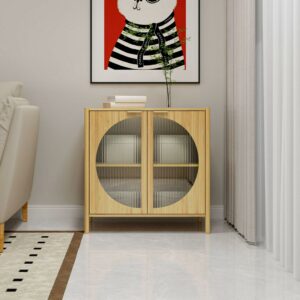 DEALTOPS Bamboo Cabinet with Two Glass Doors and Adjustable Shelf, Sideboard for Living Room, Kitchen- Natural