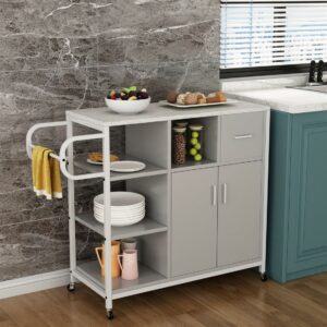 DEALTOPS Kitchen Island on Wheels with Storage Cabinet & Drawer, 42" Multifunction Kitchen Cart Cabinet with Shelves-Grey
