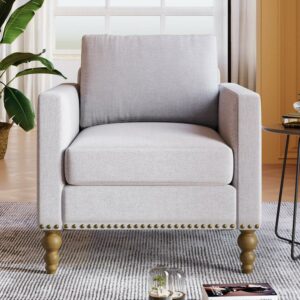 DEALTOPS Mid-century Armchair with Bronze Nail Heads and Wooden Legs, Single Sofa Chair for Living Room - Beige