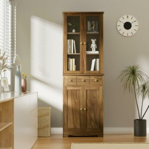 DEALTOPS Modern Bookcase with Tempered Glass Doors and Drawers, Large Storage Bookshelf for Home Office -Natural Wood