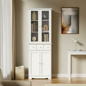 DEALTOPS Modern Bookcase with Tempered Glass Doors and LED Lights, 3-Tier Large Storage Bookshelf for Home Office -White