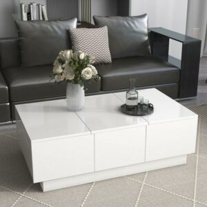 DEALTOPS Modern Coffee Table with Sliding Top and 2 Hidden Storage Compartments, High-gloss End Table with 2 Drawers for Living Room -White