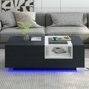 DEALTOPS Modern Coffee Table with 16-Color LED Lights and 3 Open Storage Cabinets for Living Room -Black