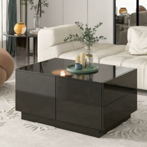 DEALTOPS Modern Extendable Coffee Table with Sliding Top, 4 Drawers and Hidden Storage Compartments for Living Room -Black