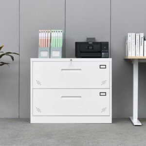 DEALTOPS Modern File Cabinet with Lock Included Large Drawers, Wide Metal Storage Locker for Home and Office - White