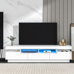 DEALTOPS Modern High Gloss TV Stand with 4 Open Shelves and 16-Color RGB LED Strip Lights for TVs up to 75'' -White