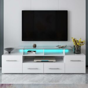 DEALTOPS Modern High Gloss TV Stand with Colors LED Lights and Large Storage Space for TVs up to 70'' -White