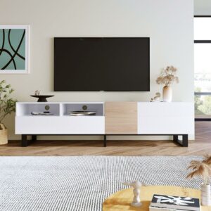 DEALTOPS Modern Minimalist TV Stand with Open Storage Shelves and Large Storage Space for TVs up to 80'' -White