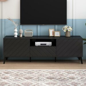 DEALTOPS Modern Minimalist TV Stand with Adjustable Shelves and Large Storage Space for TVs up to 70'' -Black