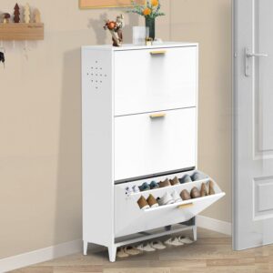 DEALTOPS Modern Shoe Cabinet with Flip Doors and Drawers, Freestanding Steel Shoe Rack for Entryway - White