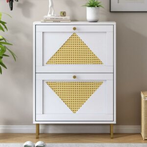 DEALTOPS Modern Shoe Cabinet with 2 Flip Drawers and Decorative Rattan Doors, Freestanding Wood Shoe Rack for Entryway -White