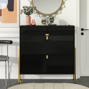 DEALTOPS Modern Shoe Cabinet with Flip Drawers and Metal Legs, Freestanding Wood Shoe Rack for Entryway - Black