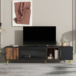 DEALTOPS Modern Stylish Two-tone TV Stand with Fluted Glass Door and Large Storage Space for TVs up to 80'' -Black