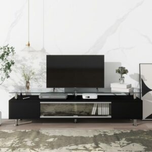 DEALTOPS Modern TV Stand with Tempered Glass Top and Sliding Glass Doors, TV Console Table for TVs up to 70'' - Black