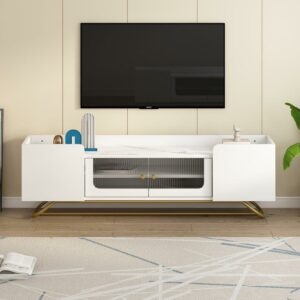 DEALTOPS Modern TV Stand with Fluted Glass Doors and Cabinets, Stylish TV Console Table for TVs up to 65'' - White