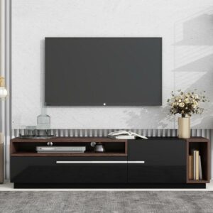 DEALTOPS Modern UV High Gloss TV Stand in Two-tone Design with Large Storage Space for TVs up to 70'' - Black