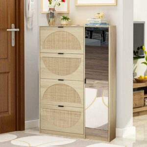 DEALTOPS Rattan Shoe Cabinet with Mirror, 4-Tier Shoe Rack with Doors - Oak