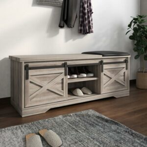 DEALTOPS Storage Bench with 2 Doors and Adjustable Shelves - Shoe Bench with Cushion for Entryway - Antique Gray
