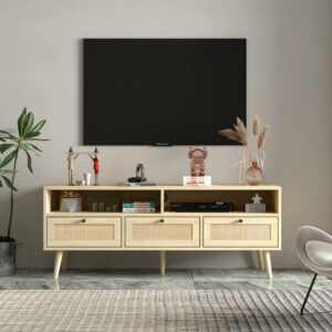 DEALTOPS TV Stand with Compartments and Rattan Doors, TV Console Table for Living Room - Oak