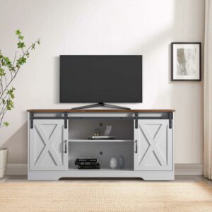 DEALTOPS TV Stand with 2 Sliding Barn Doors and Adjustable Shelves for TVs up to 65"-White