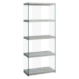 Bookshelf, Bookcase, Etagere, 5 Tier, 60"H, Office, Bedroom, Tempered Glass, Laminate, Grey, Clear, Contemporary, Modern