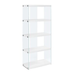 Bookshelf, Bookcase, Etagere, 5 Tier, 60"H, Office, Bedroom, Tempered Glass, Laminate, Glossy White, Clear, Contemporary, Modern