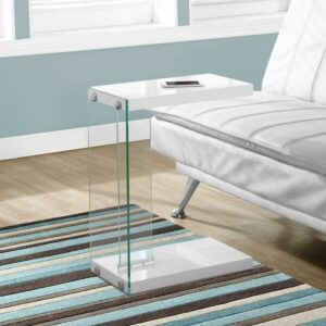 Accent Table C-shaped End Side Snack Bedroom Tempered Glass Glossy White